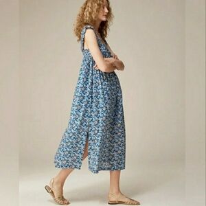 J Crew Cotton Floral Voile Ruffle Trim Shift Dress Cobalt Size L Pockets Boho